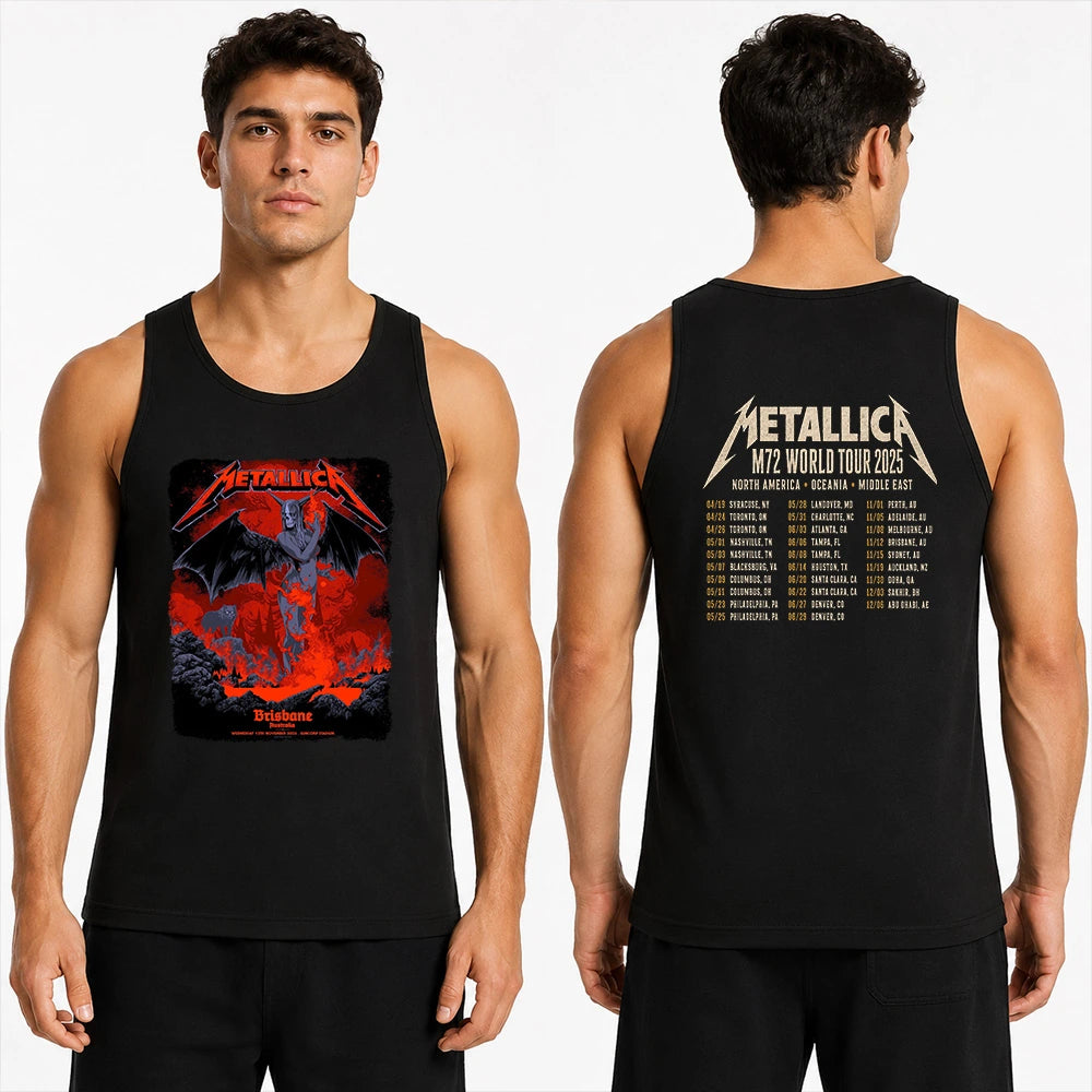 Metallica M72 World Tour November 12 2025 Suncorp Stadium Brisbane Australia 2 side T-shirt by Ken Taylor featuring a winged skeletal demon, flame details, wolf, red smoke, volcanic rocks, lava and M72 tour back print.
